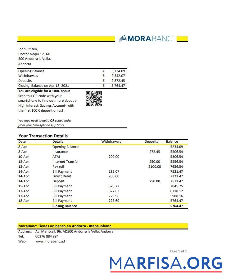 Downloadable Andorra MoraBank bank statement excel template